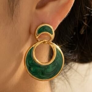 Vintage Green Enamel Double Hoop Drop Earrings Gold Tone 1990s